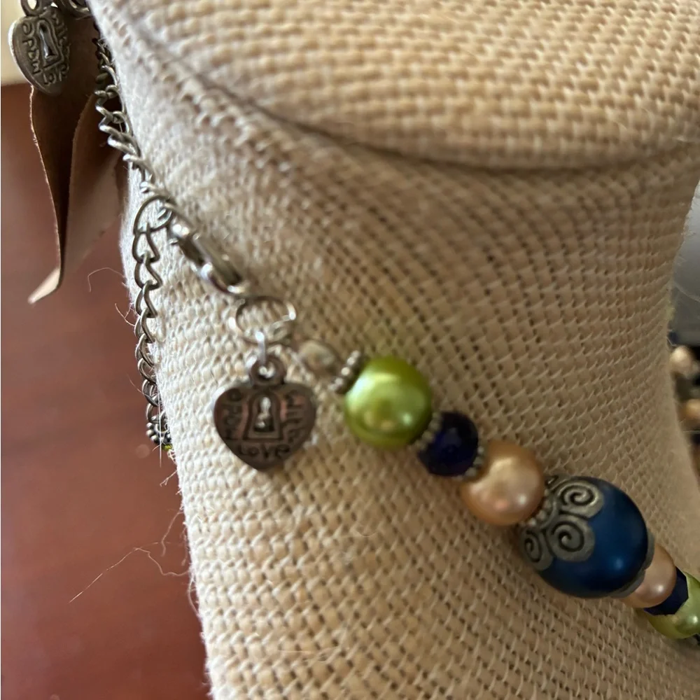 Vintage Brighton Blue Green Beaded Necklace & Bracelet Set Heart Lock Pendant